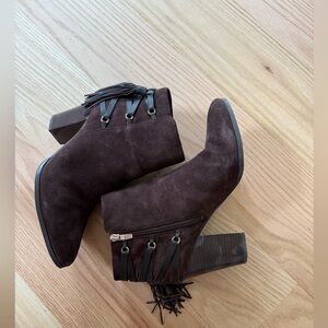 Marc Fisher Brown Suede Ankle Booties with Fringe
